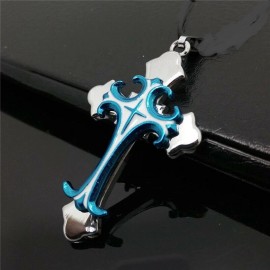 Fashion Jewelry large 3D CROSS CRUCIFIX BLUE pendant 24" Sterling plated Silver 925 necklace men