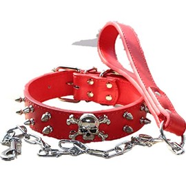 Haoyueer Spiked Studded 1.2" Wide Leather Dog Collar Chain Leash Combo Set for Medium Large Pitbull Husky Mastiff Terrier(Red,M)