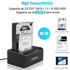 Hard Drive Dock, TEKERA USB C or USB 3.0 to SATA Dual Bay External Hard Drive Docking Station for 2.5 & 3.5 inch SATA HDD SSD with Offline Clone/Duplicator Function, Support UASP & 2x16TB