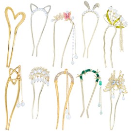 Lawie 10 Pieces Fancy Cute Flower Star Butterfly U Shaped Gold Metal Hair Fork Pins Curved Chopsticks for Hair Sticks French Hair Pins Bun Decorative Hair Accessories for Women Girls (Gold Colors A)
