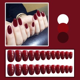 Ztcily False Nails Red, Short False Nails Almond with Glue, Red French Press on Nails Oval Stick on Nails for Women and Girls, Gifts for Christmas