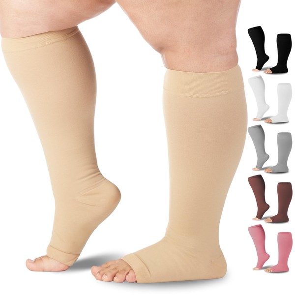 Mojo Compression Socks - Open Toe Knee-High Support Stockings, 20-30 mmHg, for Varicose Veins, Lymphedema, DVT, and More - Made in USA, Opaque Beige, X-Large A211BE4-1 Pair