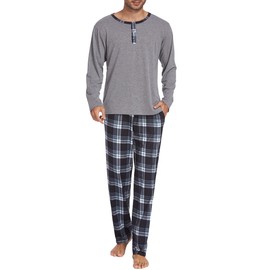 Ekouaer Mens Pyjamas Set Cotton Checked Lounge Wear Long Sleeve Top & Bottoms Pyjamas for Men Soft Nightwear Pjs M Grey