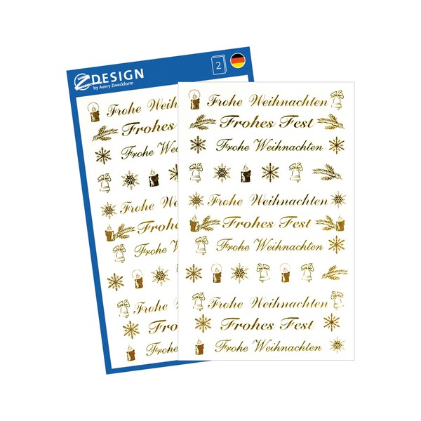 Avery Zweckform 52391 Christmas Stickers,"Frohes Fest" Text, Clear Film, Embossed, 2 Sticker Sheets, 44 Stickers, Gold