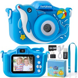 Kids Digital Dual Lens Camera - Selfie Video Camera with 64GB SD Card, 48MP Digital Camera with Shockproof Case, 1080P HD Video Camcorder Toy for Boys & Girls Age 3-12 Birthday Toy Gifts (Blue Whale)