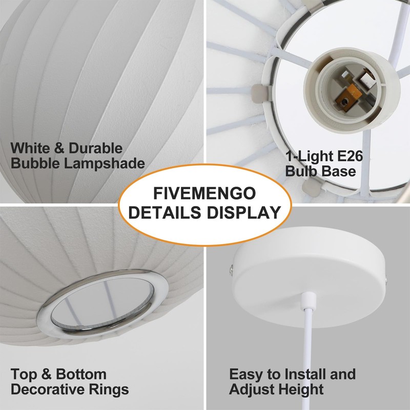 Fivemengo Globe Silk Pendant Light 11.8in Small, White Imitation Silk