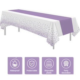 HIPVVILD White and Purple Party Decorations Tablecloth, 3 Pack Disposable Purple Dot Table Cover Printed Table Runner for Birthday Baby Bridal Shower Wedding Anniversary Graduation, 86in x 55in