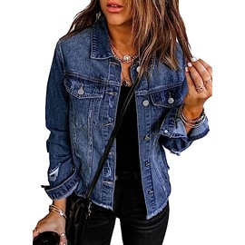 EVALESS Womens Boyfriend Washed Crop Denim Jean Jacket Coat Blue 2X-Large
