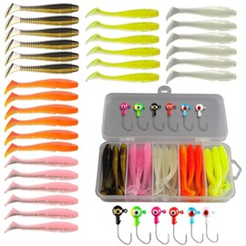 VZU 36 PCS Fishing Lures Set with Jig Heads, With a Fishing Lure Storage Box, Mandarin Fish Lures，bionic Soft Worm Plastic T-Tail, Elastic Enough to Stretch, Suitable for Fishing Gear Accessories