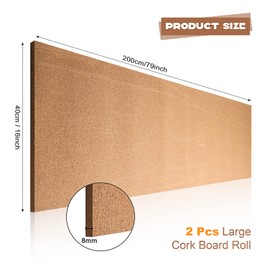 Chunful 2 Pcs Large Cork Board Roll 8 mm Thick 79 x 16 Inch Self Adhesive Cork Bulletin Boards with 100 Push Pins Wall Frameless Cork Boards for Wall Door Office Kitchen Schedules Announcements