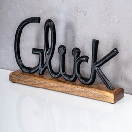 levandeo Lettering "Glück" L30 cm Metal Black Mango Wood Decorative Stand Table Decoration Home Decoration Happy Gift