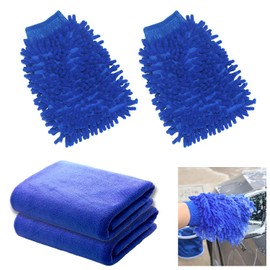 SVUPUE Car Wash Mitt, 4 Pcs Microfiber Car Wash Mitt, Microfibre Wash Mitt and Microfibre Drying Towel, Double Sided Microfiber Car Washing Mitts, for Car Cleaning Household Cleaning, Blue