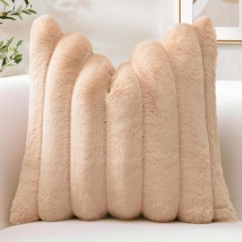 OTOSTAR Camel Faux Rabbit Fur Throw Pillow Cover 24x24 Inch Soft Cozy Plush Striped Pillowcase Cushion Cover with Velvet Back for Sofa Couch Bed Living Room