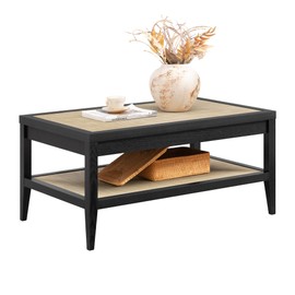 SICOTAS Rectangle Coffee Table for Living Room, Farmhouse Boho Center Table with 2-Tier Rattan Storage Shelves, Sofa Side Accent Table for Small Space, Black Oak