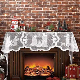HIENAJ Christmas Mantel Scarf 20 x 90 Inch Fireplace Cloth White Snowman Christmas Tree Decoration Lace Mantel Cover Runner for Christmas Holiday Home Living Room Decor