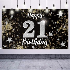 Nelbiirth Happy 21st Birthday Decorations,21st Black & Silver Dream Star Large Birthday Banner Backdrop Sign - Cheers to 21 Years Old Bday Party Decoration.