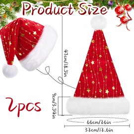 Pack of 2 Plush Christmas Hats Adults, Santa Claus Thick Fur Edge, Santa Hat for Men and Women with Golden Foil Stars, Soft Lined, Santa Hat, Christmas Party Dress Up