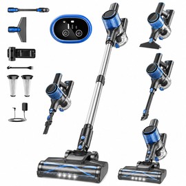 VOKENE Cordless Vacuum Cleaner, 8 in 1 Powerful Suction Lightweight Vacuum Cleaner for Home, LED Display, 3 Suction Modes, 45Mins Detachable Battery Vacuum for Hard Floor Carpet Pet Hair (Blue)