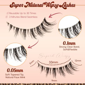 VYRILA Wispy Cat Eye Lashes 0.05mm PBT Fiber 3D False Eyelashes Natural, 0.1mm Invisible Clear Band 12mm Mink Lashes, 5 Pairs Strip Manga Lashes That Look Like Extensions(Joyous-5 Pairs Lashes Pack)
