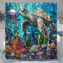 Aeyadis Nautical Sea Turtle Shower Curtains, Teal Blue Stained Glass Colorful Ocean Theme Sea Life Fabric Shower Curtain Set for Bathroom Decor, Waterproof Cloth with 12 Hooks, 60x72 Inch