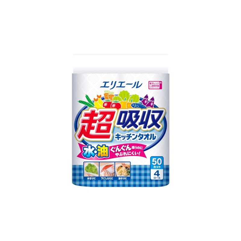 Elleair 7-2545-01 Super Absorbent Kitchen Towel, 4 Rolls (50 Pieces)