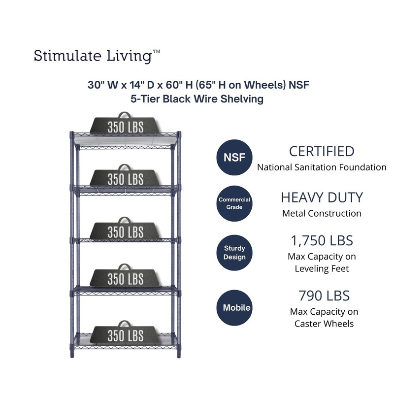 30"x14"x60" PRIME HEAVY DUTY Black 5-Tier Wire Shelving 1,750 LBS