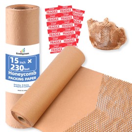 Honeycomb Packing Paper 15"Wx230'L-Bubble Wrap Substitute Alternative for Shipping, Moving Supplies, Small Business Packaging, Packing Boxes & Gifts Wrapping Paper with 20 Fragile Stickers