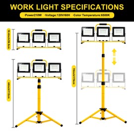 3x70W LED Work Light, Adjustable Tripod Portable Construction Flood Light