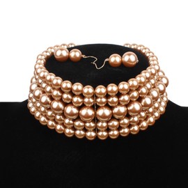 COLORFUL BLING 5 Rows Elegant Simulated Pearl Strand Choker Necklace With Earrings Set Women Ladies Statement Jewelry-B champagne