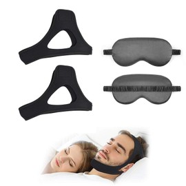2 Pc Black Anti Snoring Chin Strap and 2 Pc Black Eye Mask, Air Flow Jaw Strap, Chin Strap, Adjustable and Breathable Anti Snoring Devices for Man Women and Older Users to Keep Mouth Closed