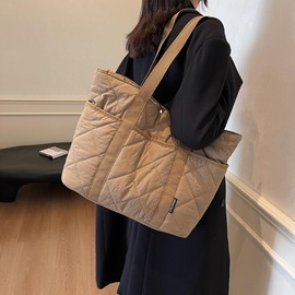 Makukke Puffer Tote Bag Aesthetic Quilted Bag Women's Shoulder Bag with Multiple Compartments Large Shopper Quilted Bag Shoulder Bags for Work Office Travel Shopping School, khaki, tote bag