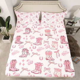 Western Cowgirl Fitted Sheet Queen Size Tribal Boots Caps Horseshoe Bedding Sheet Set,Pink Bowknot Disco Cherry Princess Style Starry Pink Bed Cover Bedding 3 Pcs(No Flat Sheet)
