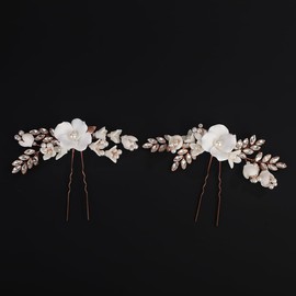 BERYUAN White Flower Leaf Rhinestone Pearls Hair Pins Rose Gold Wedding Hair Pins Crystal Rhinestone Pearls Bridal Headpiece for Wedding Women Girls(2pcs) (rose gold)