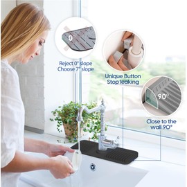 14.6 Inch Silicone Faucet Mat for Kitchen Sink Splash Guard - 6 Slope Water Draining Mat with Fasten Button for Bathroom Area - Black (Black, 14.6''x5.5'')