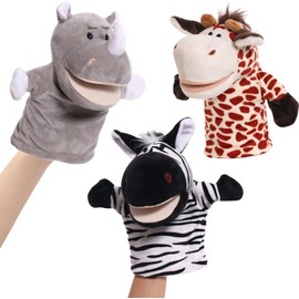 3 PCS Títeres de Mano para Niños, Marionetas de Mano de Animales de Peluches de Alta Calidad para Alivio la Ansiedad, Cuentacuentos, Preescolar, Muñecos para Juegos de Rol （Jirafa, cebra, rinoceronte）