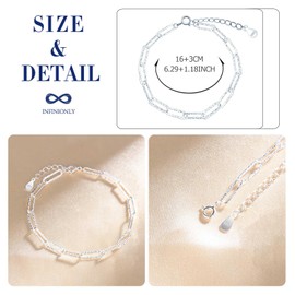 INFINIONLY Women's Silver Bracelet Creative Paper Clip Bracelets Elegant 925 Silver Adjustable Anchor Chain Girls Bracelet, 19 cm, Sterling Silver, Cubic Zirconia