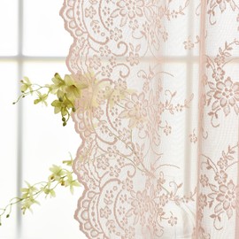 Kotile Blush Lace Curtains 84 Inches Long, Embroidery Country Rustic Floral Sheer Lace Curtains for Girls Room, Rod Pocket Privacy Window Lace Sheer Curtains, 52 x 84 in, 2 Panels, Blush Pink