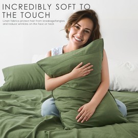 OnlySet 3Pcs Organic Linen Sheets Twin Size, 100% French Linen from Normandy, Durable Forest Green Bed Sheets Twin Sheet Set with 16 Inch Deep Pocket, 1 Flat Sheet, 1 Fitted Sheet, 1 Pillowcases