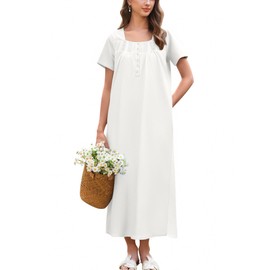 Ekouaer Cotton Nightgowns for Women,White,Victorian Nightgown Short Sleeve Sleepshirt Ladies Loungewear with Pockets,White,XXL
