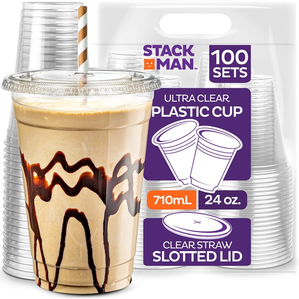 24 oz Clear Plastic Cups with Straw-Slot Lids [100 Sets] PET Crystal Clear Disposable 24oz Plastic Cups with Lids - Crystal Clear, Durable Cup. BPA Free + Crack Resistant, for Coffee, Juice, Shakes