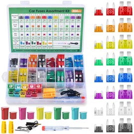 304PCS Fusibles Automotriz de Colores Varios Amperes, Fusibles Lámina Auto para Coche, Barco, Camión, Caravana, Suv, Kit Fusibles Carro Estándar/Mini/Micro con Extractor y Probador De Circuitos