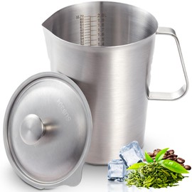 YOKUGO Stainless Steel Pitcher with Lid 2L, 70 oz Metal Measuring Cup with Handle, Large Mouth Graduated Beakers Milk Frothing Pitcher for Espresso Machine, Latte, Iced Tea, Hot & Cold Water