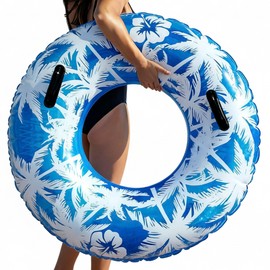 DINETTE Swim Ring for Adults, 47.2 inches (120 cm), Handle Included, Load Capacity 220.5 lbs (100 kg), Repair Tape, Round, Extra Large, Stylish, Tropical Design, Thick, Tear Resistant, For Beach