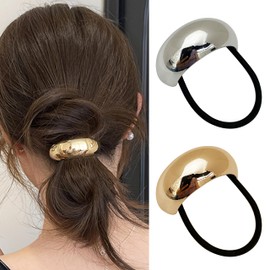 Metal Gold Ponytail Hair Cuffs for Women Fashion Gold Silver Hair Cuffs Glossy Gold Silver Hair Ties for Ponytails Geometric Ellipse Elastic Ponytail Cuffs Elementa Silver Gold Hair Accessories 2Pcs