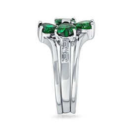 St Patrick Shamrock Irish Green CZ Flower Lucky Four Leaf Clover Inset Ring Set For Women Teen .925 Sterling Silver Cubic Zirconia