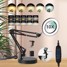 CANMEIJIA 10X Magnifying Glass with Light and Stand,5 Color Modes Stepless Dimmable Clamp on Desk Lamp,2-in-1 Hands-Free Magnifier Lamp for Craft,Painting,Soldering,Hobby,Sewing,Close Work,Reading