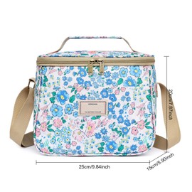 Nanxson Insulated Lunch Bag, Large Reusable Cool Bag, Waterproof Picnic Bag with Floral Pattern and Adjustable Shoulder Strap (7.5 L, B-White Blue Flower)