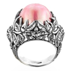 5.5 Bold South Pacific Pink Mabe Cultured Pearl Leaf Cradle 925 Sterling Silver Ring