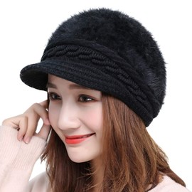 Women Girls Peaked Beanie Hat Visor Beret Hat Winter Thermal Baker Boy Cap Newsboy Cap Cabbies Hat Faux Fur Hat Wool Crochet Knitted Hat Braided Soft Fleece Lining Christmas Birthday Gift Black