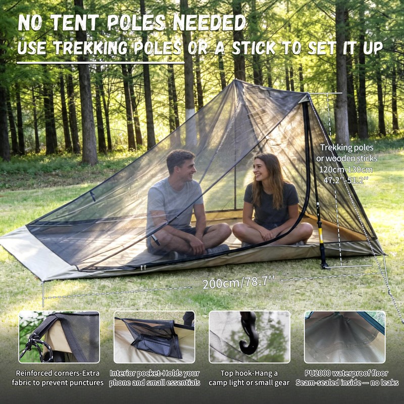 TGpao Portable Trekking Pole Tent for Camping,2 Person Backpacking Shelter